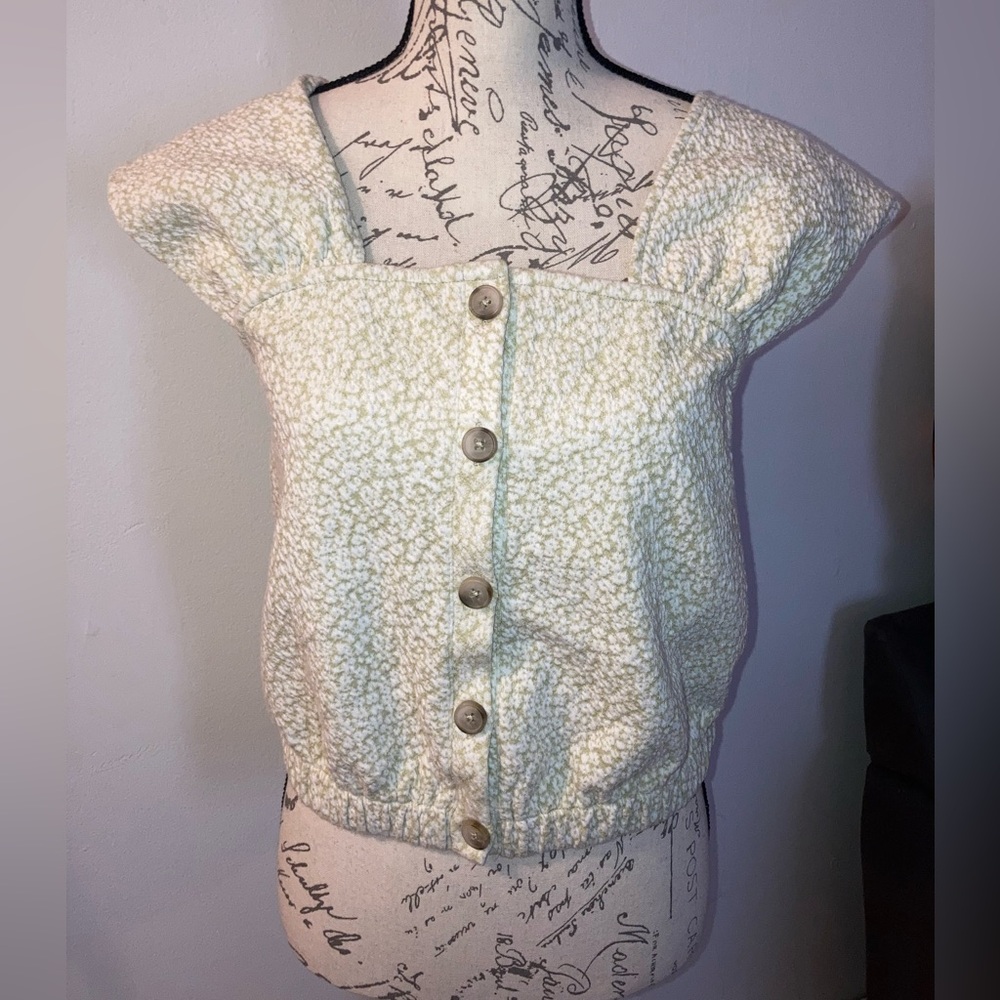 Madewell Floral Jacquard Knit Green Button Front Top Cap Sleeve Floral Blouse - Picture 16 of 17